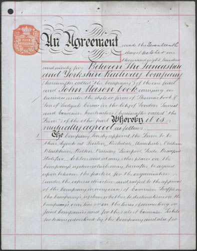 Agreement between Lancashire & Yorkshire Railway Company and John Mason Cook (tourist and excursion contractor, Ludgate Circus, London carrying on business at Thomas Cook & Son). Copyright of this material is retained by the content creators. The National Archives, UK does not claim to hold any copyrights to these materials