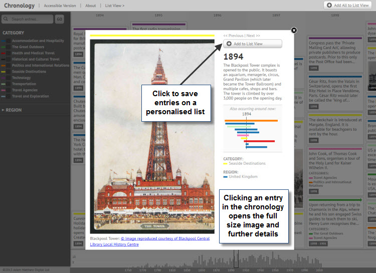 Screenshot showing a full-size image and accompanying details for a chronology entry. Clicking on an entry in the chronology brings up this screen. Users can opt to save any entry on a personalised list using the 'Add to List View' button.