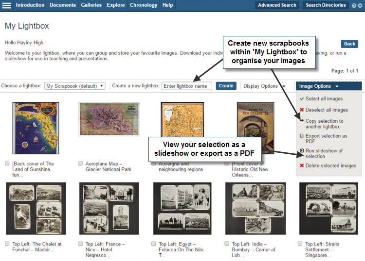 Screenshot of the 'My Lightbox' page with the 'Image Options' drop-down list open. Users can create new scrapbooks to organise images, either using the 'Create a new Lightbox' field or by selecting a number of images and using the 'Copy selection to another Lightbox' option in the drop-down 'Image Options' list. From this list users can also export a selection of images as a PDF or run a slideshow of the images.